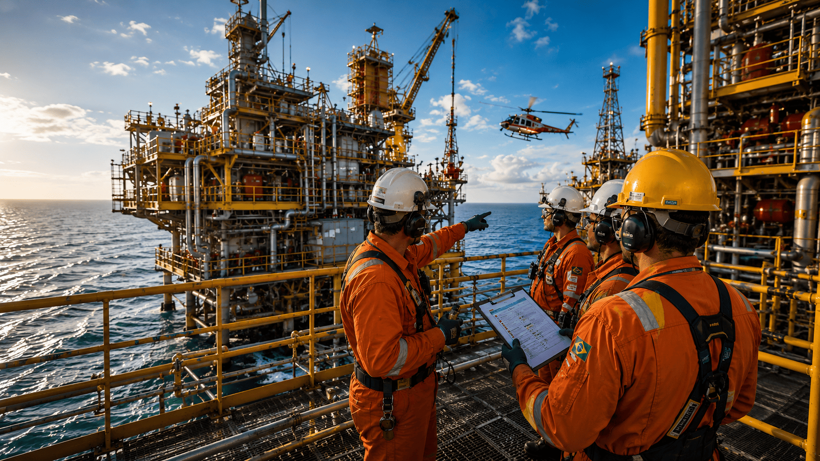 Equipe offshore capacitada em prevenção e segurança do trabalho conforme a NR-37