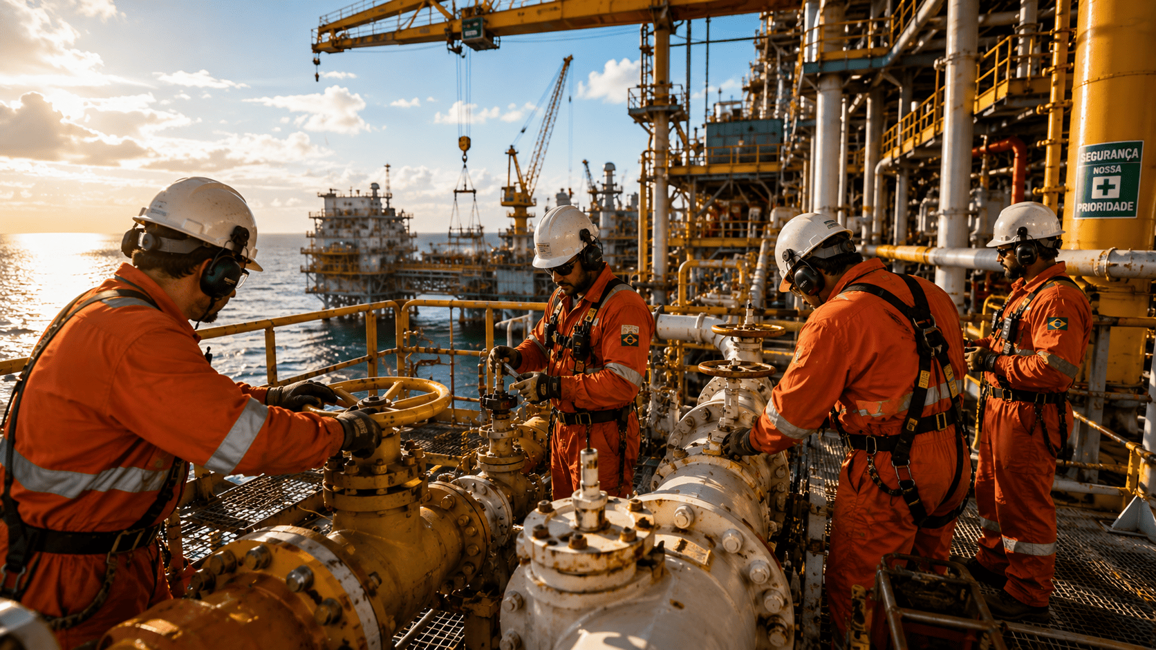 Trabalhadores participando de reconhecimento prático de riscos em plataforma de petróleo