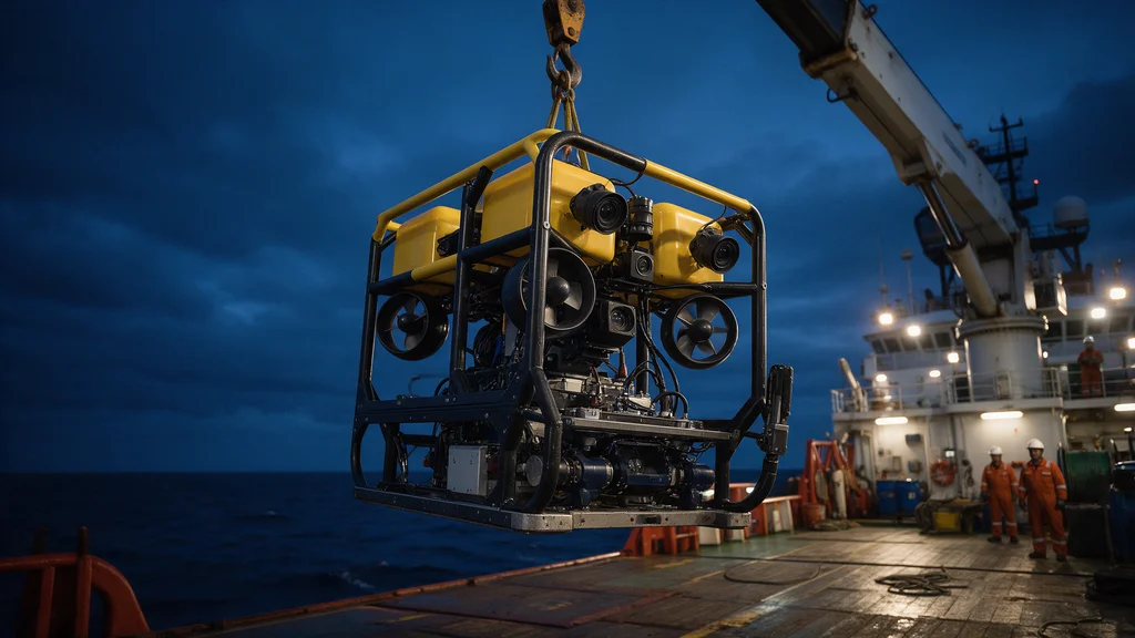 ROV sendo lançado de uma embarcação offshore